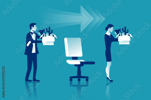 Employee Replacement. Turnover workers. Vector illustration flat design. Isolated on white background. Business people. A person goes to a new workplace. Free vacancy.
