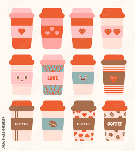 Set of coffee cups. Coffee take away vector illustration. Paper cup