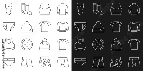 Set line Men underpants  T-shirt  Sweater  Female crop top  Beanie hat  Swimsuit and icon. Vector