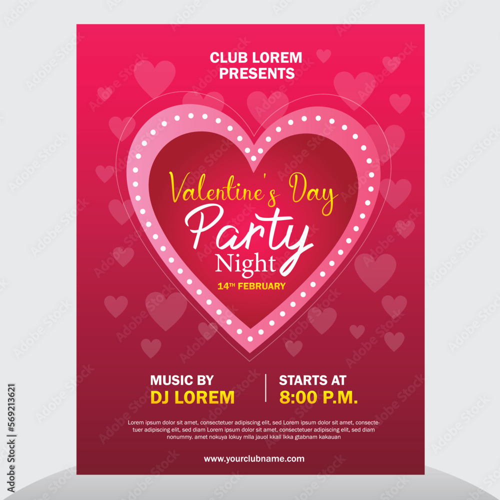 Valentines Day Party Flyer Design. Poster design vector template