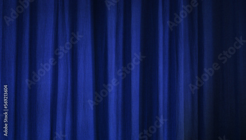 Wide dark blue draped curtain texture. Home interior decoration background with linen fabric on a wall.