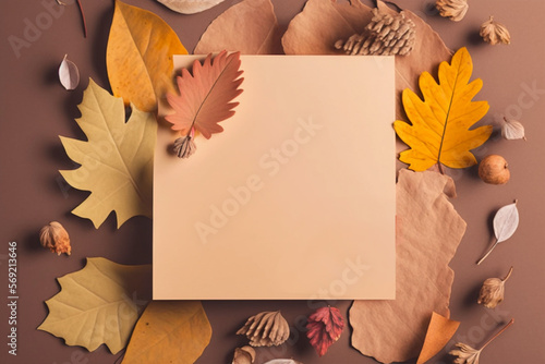 Autumn composition. Paper card, dried leaves. Autumn, fall, thanksgiving day concept. Flat lay, top view, copy space photo