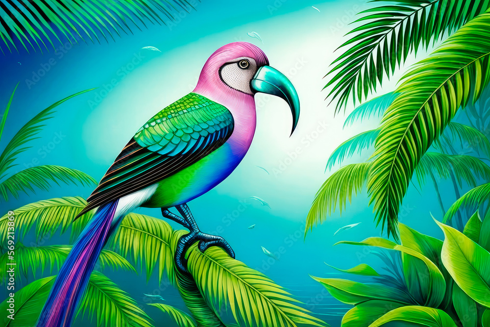 Fototapeta premium Paradise bird, tropical exotic jungle plants leaves flowers abstract pastel color. Generative AI