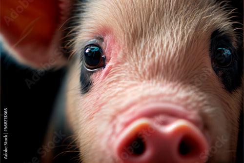 Close up of a pink pig with sad eyes photo