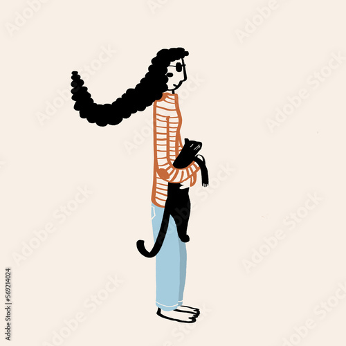 Vector illustration of woman with cat on beige background photo