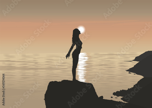 silhouette of a girl on the beach at sunset, vector illustration.