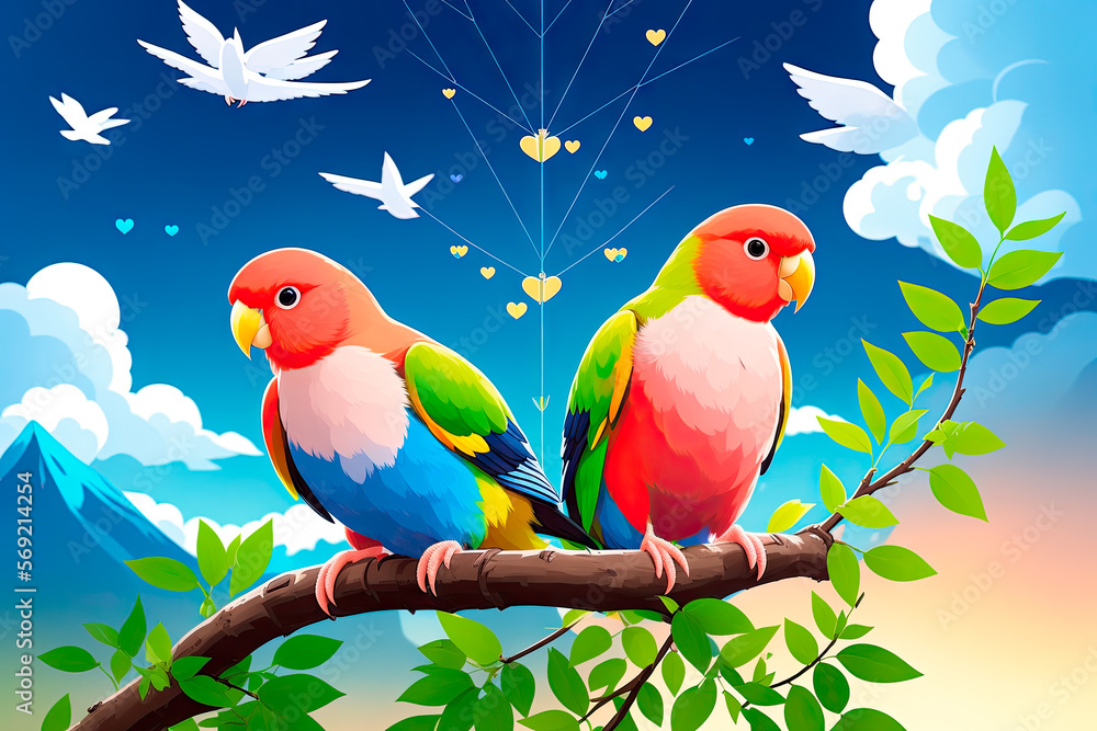 Fototapeta premium Original oil painting on canvas of two parrot lovebirds is sitting on branch close each other. Generative AI