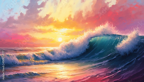 Ocean Waves. Colorful. Vibrant brush strokes. Sunrise. Colors. Wind. Generative AI.