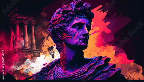 Bust of Roman emperor Gaius Julius Caesar in 80s purple neon synth wave style. Generative AI photo