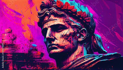 Portrait of Roman emperor Gaius Julius Caesar in 80s purple neon synth wave style. Generative AI photo