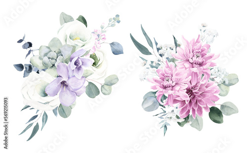 Watercolor Bouquet with White Lisianthus, Dahlias and Freesia. Perfect for invitation and social media.