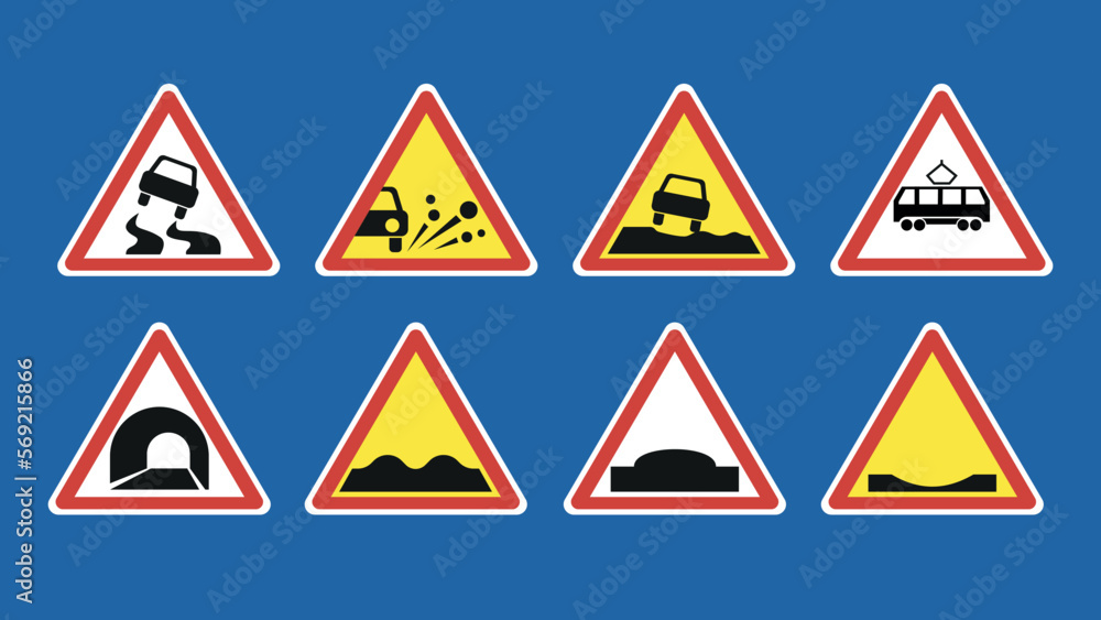 Warning road signs set isolated on blue background. Vector illustration. Warning road signs set isolated on blue background. Vector illustration.