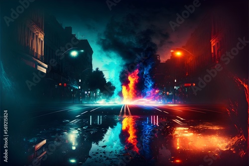 Wet asphalt background, reflection of neon lights and smoke. Generative AI.