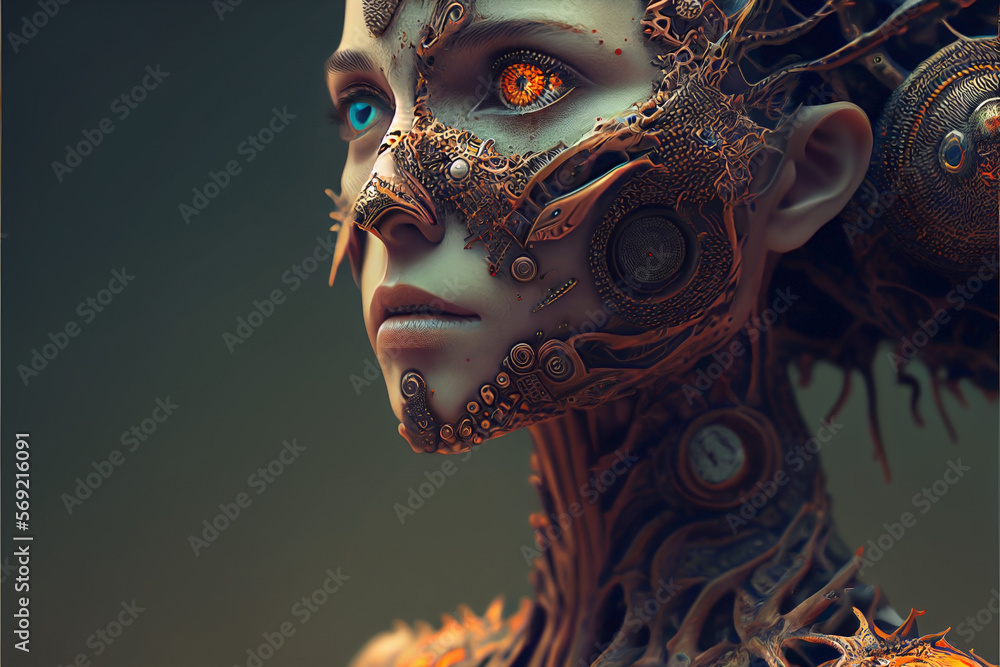 Woman with mask. Artificial intelligence generated portrait of a humanoid cyborg. Not real person. Concept of futuristic science and stop aging.
