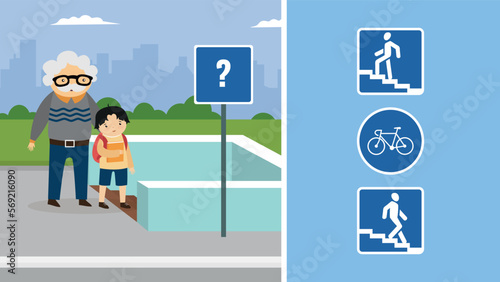 Grandfather with grandson near the underpass and information road sign