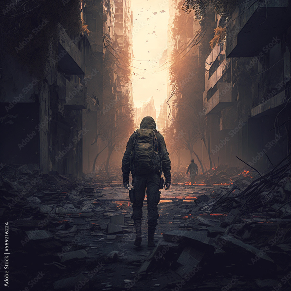 soldado em pé no campo de batalha, militar, cidade destruída, caminhar, capacete, guerra, pessoa