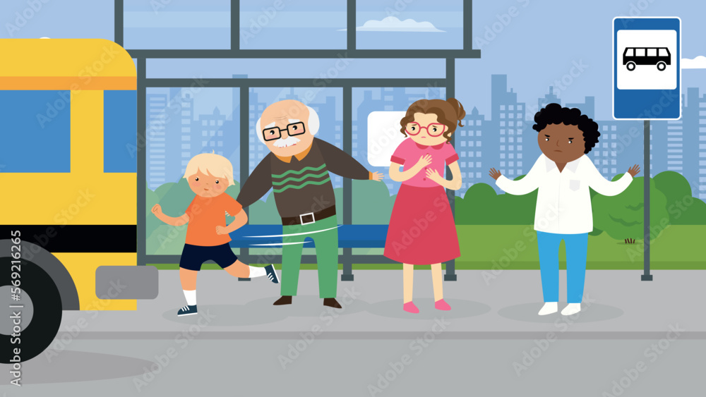 The family accompanies the boy to the school bus at the bus stop The family accompanies the boy to the school bus at the bus stop