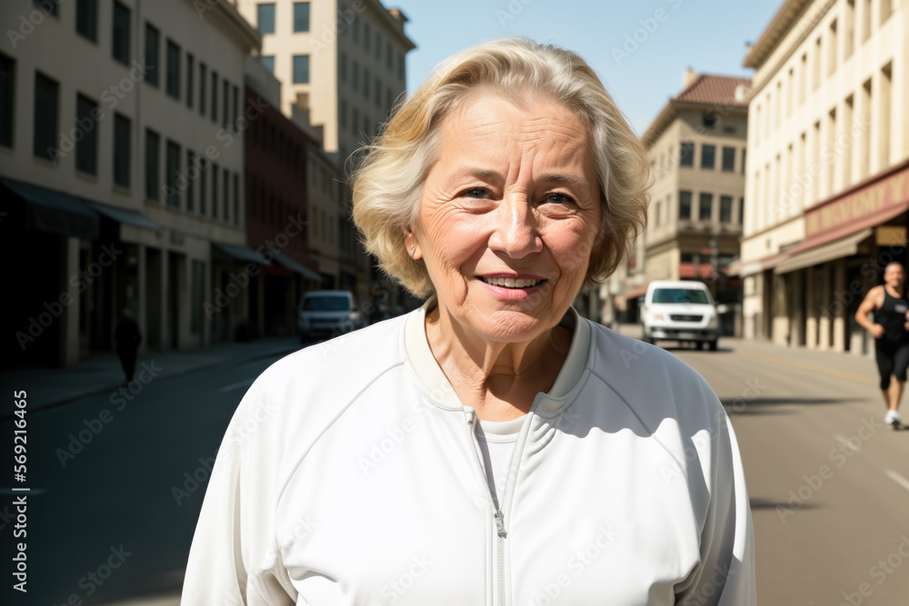 Old 70 years old woman runs on the street in the city. Wearing white