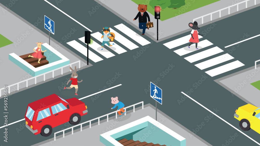 Animals crossing the street at crosswalk, isometric vector illustration. Animals crossing the street at crosswalk, isometric vector illustration.