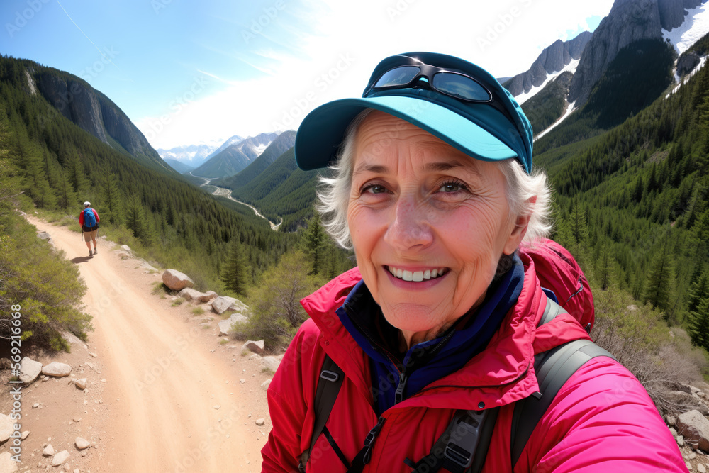 Fototapeta premium Happy senior couple hiking with backpacks at the mountain. Generative Ai