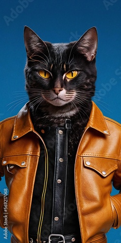 Photo Cool looking cat wearing an orange jacket on a blue background