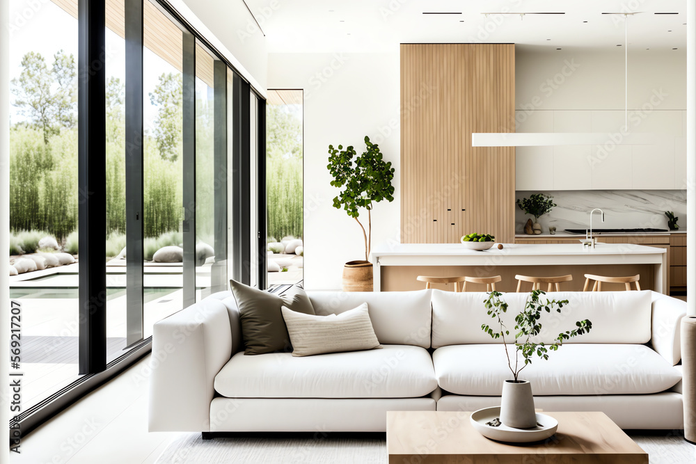 Illustration of modern light apartment with big windows created with Generative AI technology. Illustration of modern light apartment with big windows created with Generative AI technology.