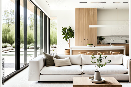 Illustration of modern light apartment with big windows created with Generative AI technology.