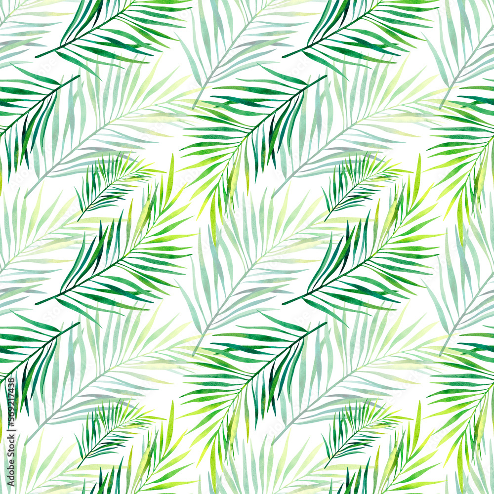 A pattern of palm leaves. Watercolor illustration. Collage. Mosaic. Tropical plants.