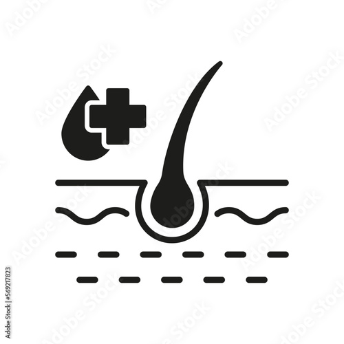 Hair Follicle Treatment Silhouette Icon. Moisturize Human Head Epidermis, Healthy Care Glyph Pictogram. Nourish Medicine for Beautiful Hair Bulb Icon. Isolated Vector Illustration