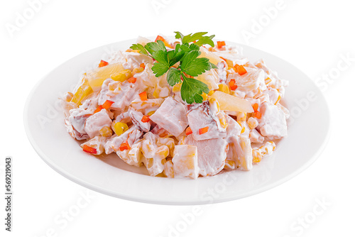 Ham salad with corn, cheese, tomatoes, Bulgarian pepper and lettuce