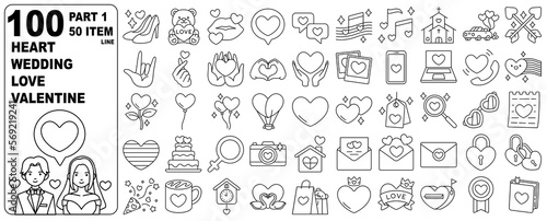 Love Wedding Heart Valentine Icon Elements Line Outline Set 50 Item PART1