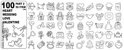 Love Wedding Heart Valentine Icon Elements Line Set 50 Item PART2