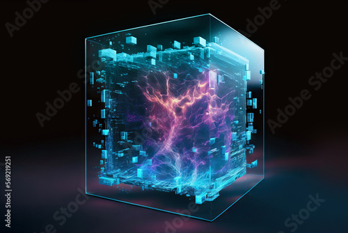 Glass cube with glowing lights in dark photo