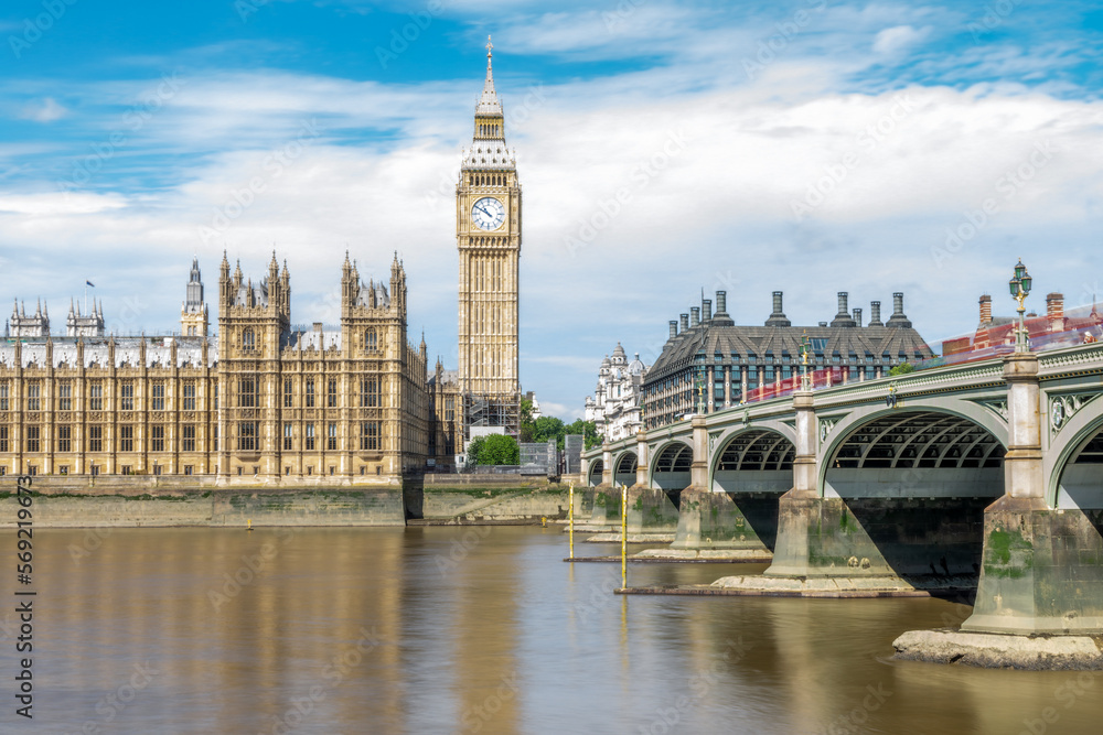 Westminster bridge and Big Ben in London, UK. Long exposure with motion blur.