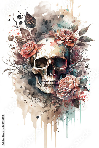 Watercolor Floral Skulls Clipart PNG Sublimation, Transparent Skulls with Flowers, witch png, Flower skull Clipart, generative ai.