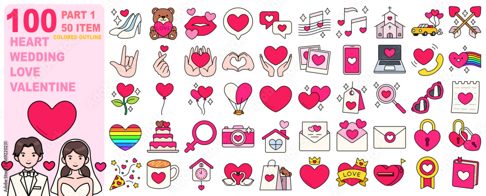 Naklejka premium Love Wedding Heart Valentine Icon Elements Colored Outline Set 50 Item PART1