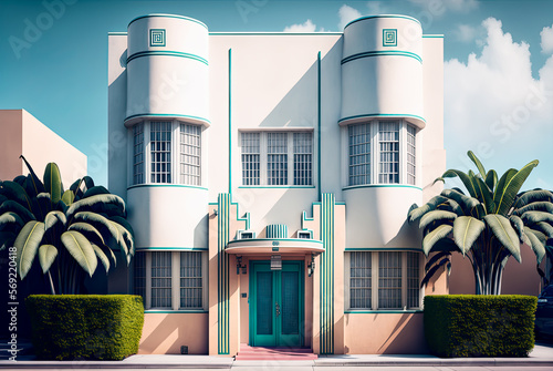 Art deco style building exterior, tropical, Florida. Generative AI photo