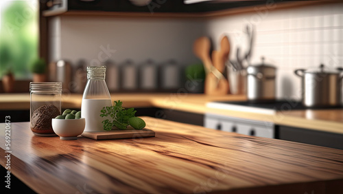 Wood table top in background of blurry kitchen counter. for montage product ( drinks, cooking items or foods ) presentation or essential visual layout design. Generative AI