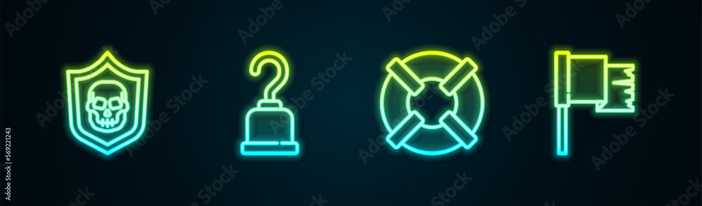 Set line Shield with pirate skull, Pirate hook, Lifebuoy and flag. Glowing neon icon. Vector Set line Shield with pirate skull, Pirate hook, Lifebuoy and flag. Glowing neon icon. Vector