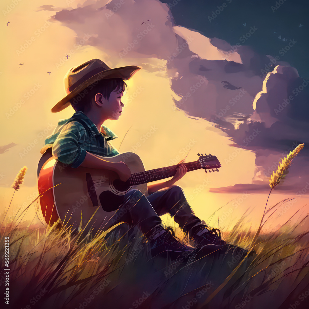 Boy playing guitar sitting on the grass field with sky view. Guitar boy