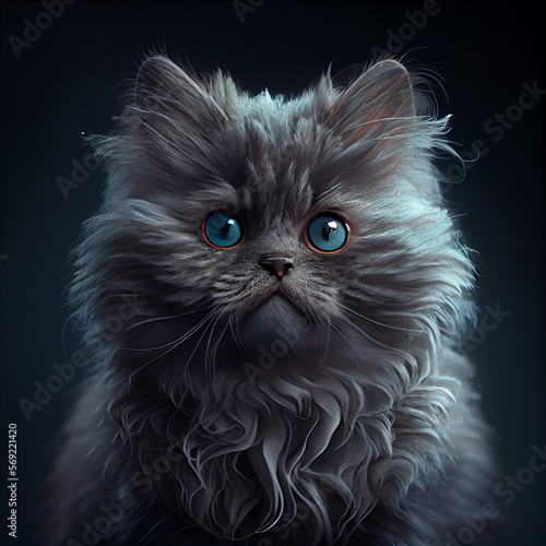 Illustration of the character of a cute fluffy kitten with big eyes. Kawaii character tiny code front view, childhood concept, kitten for kindergartens. Ai generated illustration.  © elmahdi