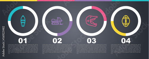 Set line Surfboard, Snowmobile, Motocross motorcycle helmet and Rugby ball. Business infographic template. Vector