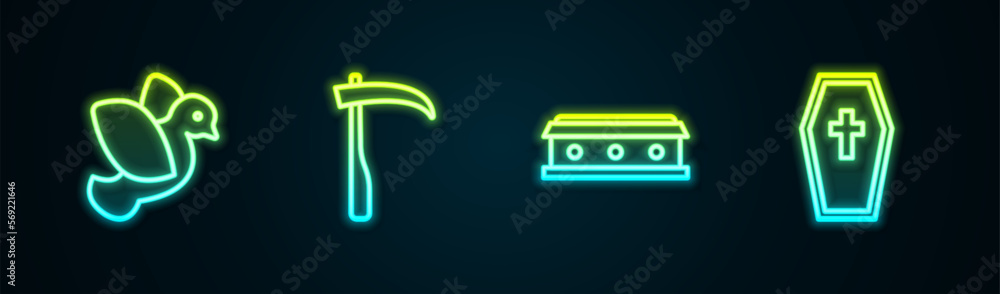 Set line Dove, Scythe, Coffin with cross and . Glowing neon icon. Vector Set line Dove, Scythe, Coffin with cross and . Glowing neon icon. Vector