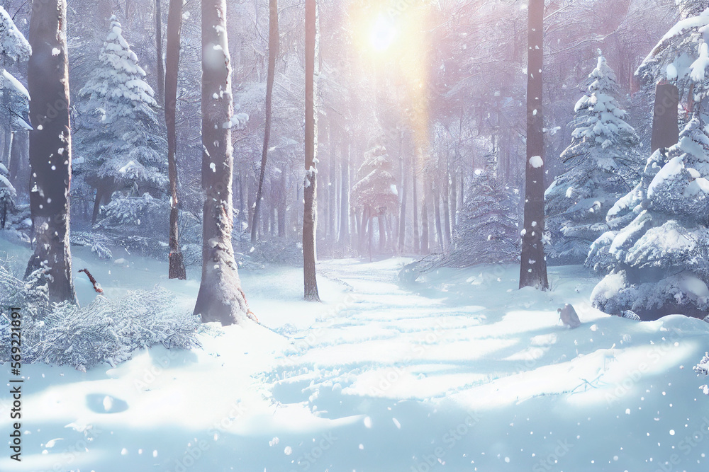 Fototapeta premium snowy forest in nature trees