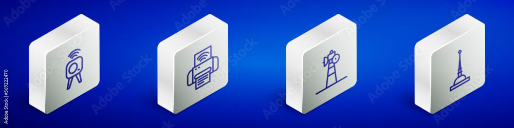 Set Isometric line Web camera, Smart printer system, Satellite dish and Antenna icon. Vector Set Isometric line Web camera, Smart printer system, Satellite dish and Antenna icon. Vector