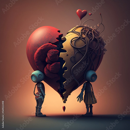 Robot antropomorfi, si dividono un cuore per il giorno di san valentino, emozioni umane, colori caldi photo