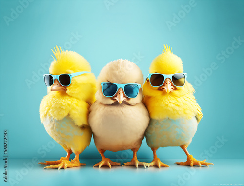 Photographie three yellow chicks with blue sunglasses bang, studio blue background