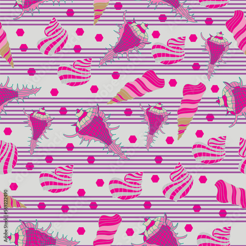 Vector seashells conical and helical shaped pink striped speckled seamless pattern background. Suitable for fabrics/ home-decor, wallpaper, giftwrapping and scrapbooking projects.