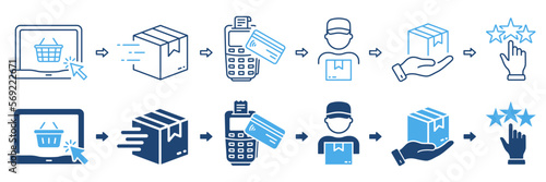 Steps of Delivery Process Silhouette and Line Icon Set. Purchase Guide Blue Pictogram. Order on Computer, Package Shipping, Payment, Rating Icon. Editable Stroke. Isolated Vector Illustration