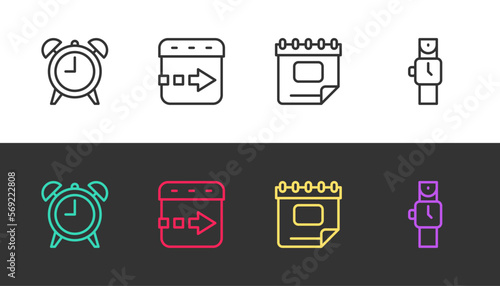 Set line Alarm clock, Time flies on the, Calendar and Wrist watch on black and white. Vector